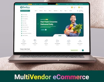 Puede incluir: Una pantalla de portátil que muestra la plantilla de sitio web de comercio electrónico Sellzy con una interfaz de supermercado, una persona con productos frescos, un menú lateral y el texto MultiVendor eCommerce Tailwind CSS Template.