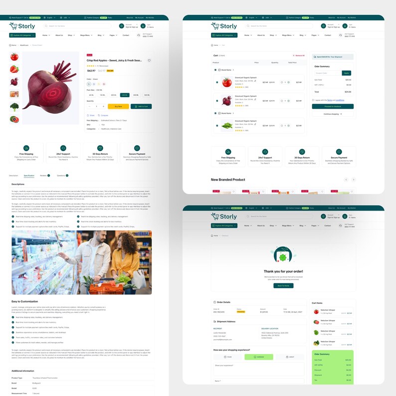 Puede incluir: Un dise&ntilde;o de interfaz digital para un sitio web de comercio electr&oacute;nico llamado Storly, que presenta p&aacute;ginas de productos con im&aacute;genes de remolachas, un dise&ntilde;o de carrito de compras con productos org&aacute;nicos y una pantalla de confirmaci&oacute;n de pedido.