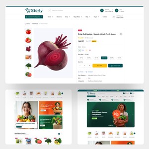 Puede incluir: Una interfaz digital para un sitio web de comercio electr&oacute;nico llamado Storly, que muestra una p&aacute;gina de producto de manzanas rojas con una imagen grande de una remolacha cortada, junto a men&uacute;s de navegaci&oacute;n y banners promocionales.