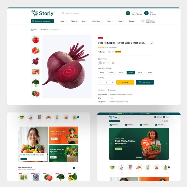 Puede incluir: Una interfaz digital para un sitio web de comercio electr&oacute;nico llamado Storly, que muestra una p&aacute;gina de producto de manzanas rojas con una imagen grande de una remolacha cortada, junto a men&uacute;s de navegaci&oacute;n y banners promocionales.