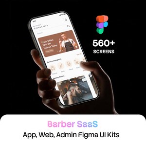 Puede incluir: Un teléfono inteligente que muestra una interfaz de aplicación móvil para un servicio de barbería, con un banner promocional, categorías de servicios y listados de salones. La pantalla incluye 560+ SCREENS, Barber SaaS y App, Web, Admin Figma UI Kits.