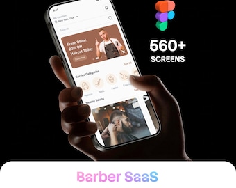Puede incluir: Un teléfono inteligente que muestra una interfaz de aplicación móvil para un servicio de barbería, con un banner promocional, categorías de servicios y listados de salones. La pantalla incluye 560+ SCREENS, Barber SaaS y App, Web, Admin Figma UI Kits.