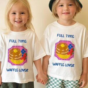 Full Time Waffle Lover Kids Tee, Cute Pancake Stack Breakfast Shirt, Girls and Boys Cotton Graphic T-Shirt, Trendy Sibling Matching Top