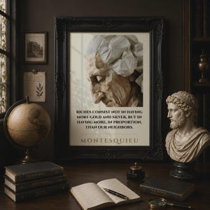 May include: A framed wall art print featuring a stylized portrait of a person and the quote: RICHES CONSIST NOT IN HAVING MORE GOLD AND SILVER, BUT IN HAVING MORE, IN PROPORTION, THAN OUR NEIGHBORS. MONTESQUIEU. The print is in a black ornate frame.