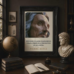 May include: A framed wall art print featuring a stylized portrait of a person with blue hair and the text: NOTHING IS MORE DANGEROUS THAN A PRINCIPLE PRESENTED AS AN AXIOM. PIERRE BAYLE. The print is housed in a dark, ornate, rectangular frame.