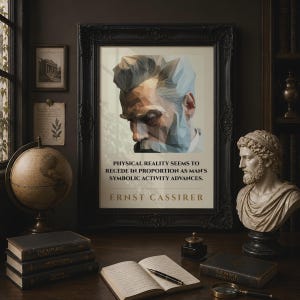 May include: A framed wall art print featuring a low-poly geometric portrait of a person with a beard. Below the portrait, the text reads: PHYSICAL REALITY SEEMS TO RECEDE IN PROPORTION AS MAN'S SYMBOLIC ACTIVITY ADVANCES. ERNST CASSIRER.