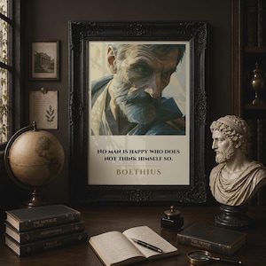 Può includere: Una stampa artistica incorniciata raffigurante un ritratto stilizzato di un uomo barbuto con toni blu e il testo: NO MAN IS HAPPY WHO DOES NOT THINK HIMSELF SO. BOETHIUS. La stampa è esposta in una cornice scura e ornata con bordo bianco.