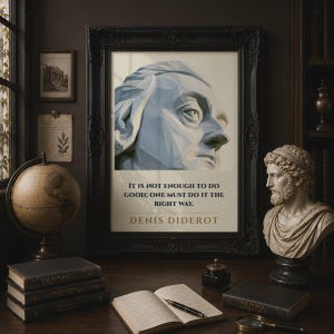 May include: A framed wall art print featuring a low-poly blue geometric illustration of a human face. Below the image, the text reads: IT IS NOT ENOUGH TO DO GOOD; ONE MUST DO IT THE RIGHT WAY. DENIS DIDEROT. The print is in a black ornate frame.