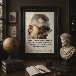 Peut inclure: Une impression d'art murale encadrée présentant un portrait géométrique low-poly de Jean-Paul Sartre portant des lunettes. Sous le portrait, le texte indique : EVERY EXISTING THING IS BORN WITHOUT REASON, PROLONGS ITSELF OUT OF WEAKNESS, AND DIES BY CHANCE.