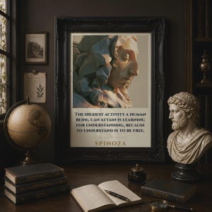 May include: A framed wall art print featuring a low-poly style portrait of Baruch Spinoza. The text reads: THE HIGHEST ACTIVITY A HUMAN BEING CAN ATTAIN IS LEARNING FOR UNDERSTANDING, BECAUSE TO UNDERSTAND IS TO BE FREE. SPINOZA. The print is in a black frame.