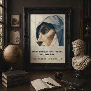 May include: A framed wall art print featuring a low-poly geometric portrait of a person in a blue hood. Below the portrait, the text reads: THE UNIVERSE IS ONE, INFINITE, AND IMMOBILE. GIORDANO BRUNO. The print is housed in a dark ornate frame.
