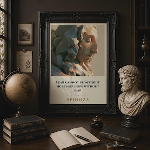 May include: A framed wall art print featuring a low-poly style portrait of a person with long hair and the text: FEAR CANNOT BE WITHOUT HOPE NOR HOPE WITHOUT FEAR. SPINOZA. The print is displayed in a dark, ornate, rectangular frame.