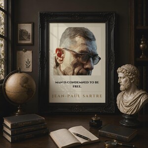 Könnte beinhalten: Ein gerahmter Wandkunstdruck mit einem geometrischen Low-Poly-Porträt von Jean-Paul Sartre mit Brille. Unter dem Porträt steht der Text: MAN IS CONDEMNED TO BE FREE. JEAN-PAUL SARTRE. Der Druck befindet sich in einem schwarzen, verzierten Rahmen.