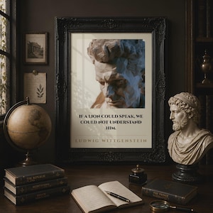 May include: A framed wall art print featuring a low-poly style sculpture of a human face. Below the image, the text reads: IF A LION COULD SPEAK, WE COULD NOT UNDERSTAND HIM. LUDWIG WITTGENSTEIN. The print is housed in a black ornate frame.
