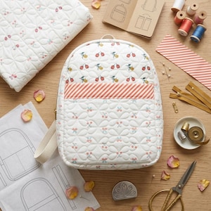 May include: A quilted white backpack featuring a repeating cherry pattern and a horizontal orange and white striped pocket. The backpack is surrounded by sewing supplies including a pattern sheet, thread spools, zips, scissors, and a thimble.