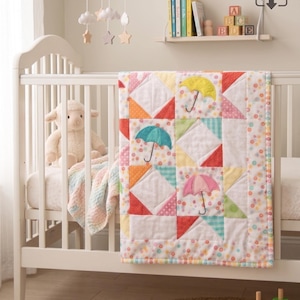 Patrón de edredón para bebé "Lluvias de primavera" / Estrellas de patchwork con paraguas (Descarga en PDF)