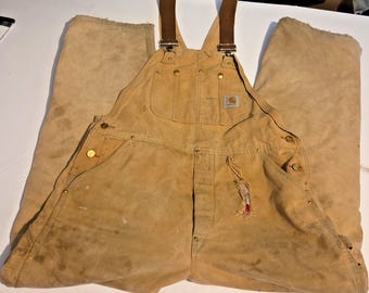 Vintage Carhartt Union Made USA Duck Canvas Insulated Bib Overalls Brown 38x32