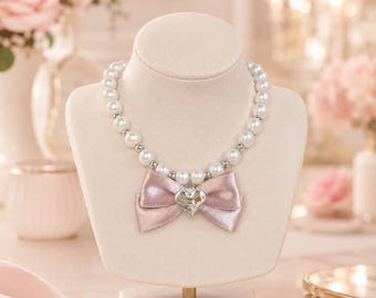 Collare per animali domestici con fiocco di perle, grazioso accessorio a collana per cani e gatti