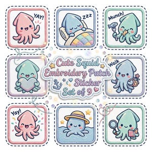 Cute Squid Embroidery Patch Sticker Set of 9!