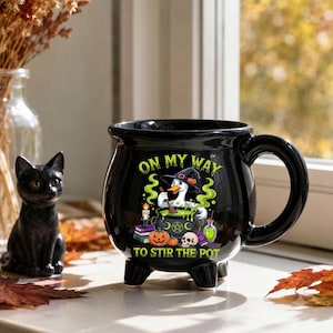 On My Way to Stir the Pot Goose Cauldron Mug - Black Ceramic Coffee Cup with Feet, Cute Halloween Witch Goose Pumpkin, Fall Drinkware Gift