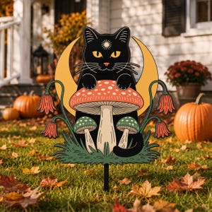 Cat Mushroom Patch Metal Sign, Thanksgiving Halloween Yard Sign, Metal Garden Decor, Fall Outdoor Decoration