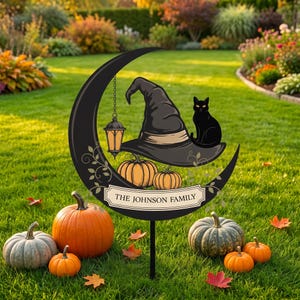 Puede incluir: Un letrero de jardín en forma de luna creciente negra con un sombrero de bruja, una linterna colgante, un gato negro y dos calabazas. Una pancarta en la parte inferior muestra el texto THE JOHNSON FAMILY. El letrero está sobre un poste negro.