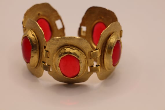 Vintage Gold Tone Metal Red Glass Cabouchon Brace… - image 6