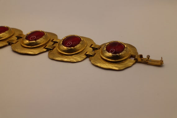 Vintage Gold Tone Metal Red Glass Cabouchon Brace… - image 4