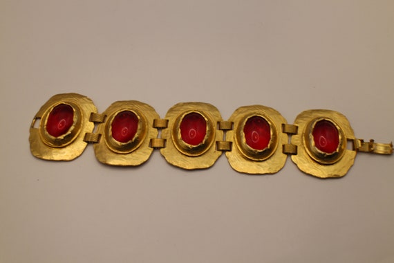 Vintage Gold Tone Metal Red Glass Cabouchon Brace… - image 3