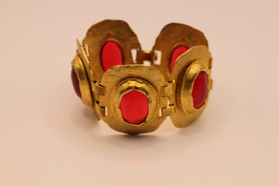 Vintage Gold Tone Metal Red Glass Cabouchon Brace… - image 8