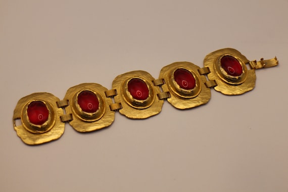 Vintage Gold Tone Metal Red Glass Cabouchon Brace… - image 1