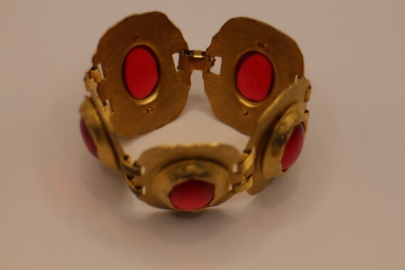 Vintage Gold Tone Metal Red Glass Cabouchon Brace… - image 7
