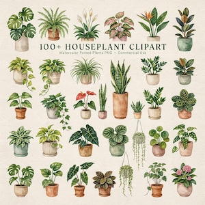 May include: A collection of watercolor illustrations featuring various potted houseplants in diverse ceramic and terracotta containers. The text 100+ HOUSEPLANT CLIPART Watercolor Potted Plants PNG Commercial Use is centered at the top of the image.