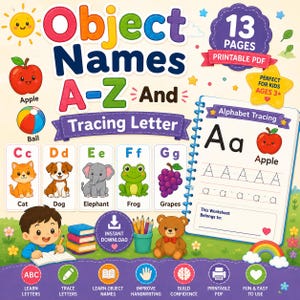 Könnte beinhalten: Ein farbenfrohes, druckbares PDF-Arbeitsblatt-Set mit dem Titel Object Names A-Z And Tracing Letter. Es enthält Illustrationen von Apfel, Ball, Katze, Hund, Elefant, Frosch und Weintrauben sowie eine Spiralblock-Seite zum Nachspuren des Buchstabens A.
