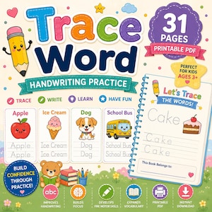 May include: A printable PDF handwriting practice book titled Trace Word with 31 pages. The cover features a cartoon pencil, an apple, ice cream, a dog, and a school bus. It includes tracing exercises for words like Cake, plus icons for learning skills.