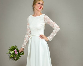 Vestido de novia corto y sencillo con escote trasero y encaje en blanco crema - Tiffany