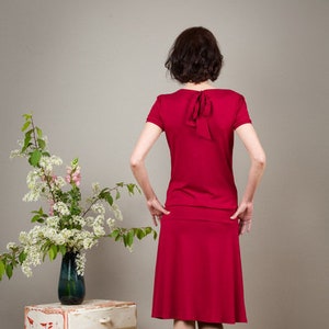 Red jersey dress "Mia", with back bow and hip skirt