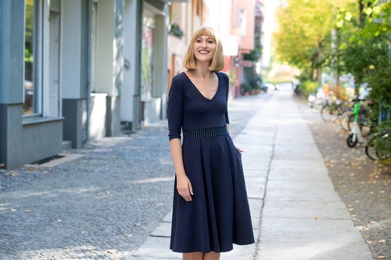 Dark Blue V-neck Midi Dress Adele - Etsy Israel