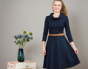 Dress "Elli", with a round skirt and a shawl collar