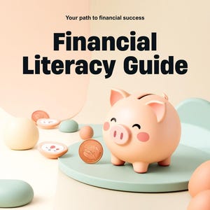 May include: A light pink piggy bank sits on a pale green circular platform, surrounded by small round objects and a copper coin. The text reads BuildMoneyCo, Your path to financial success, Financial Literacy Guide, and reallygreatsite.com.