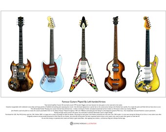 5 Famous Left-handed Guitars Limited Edition Fine Art Print A3 size