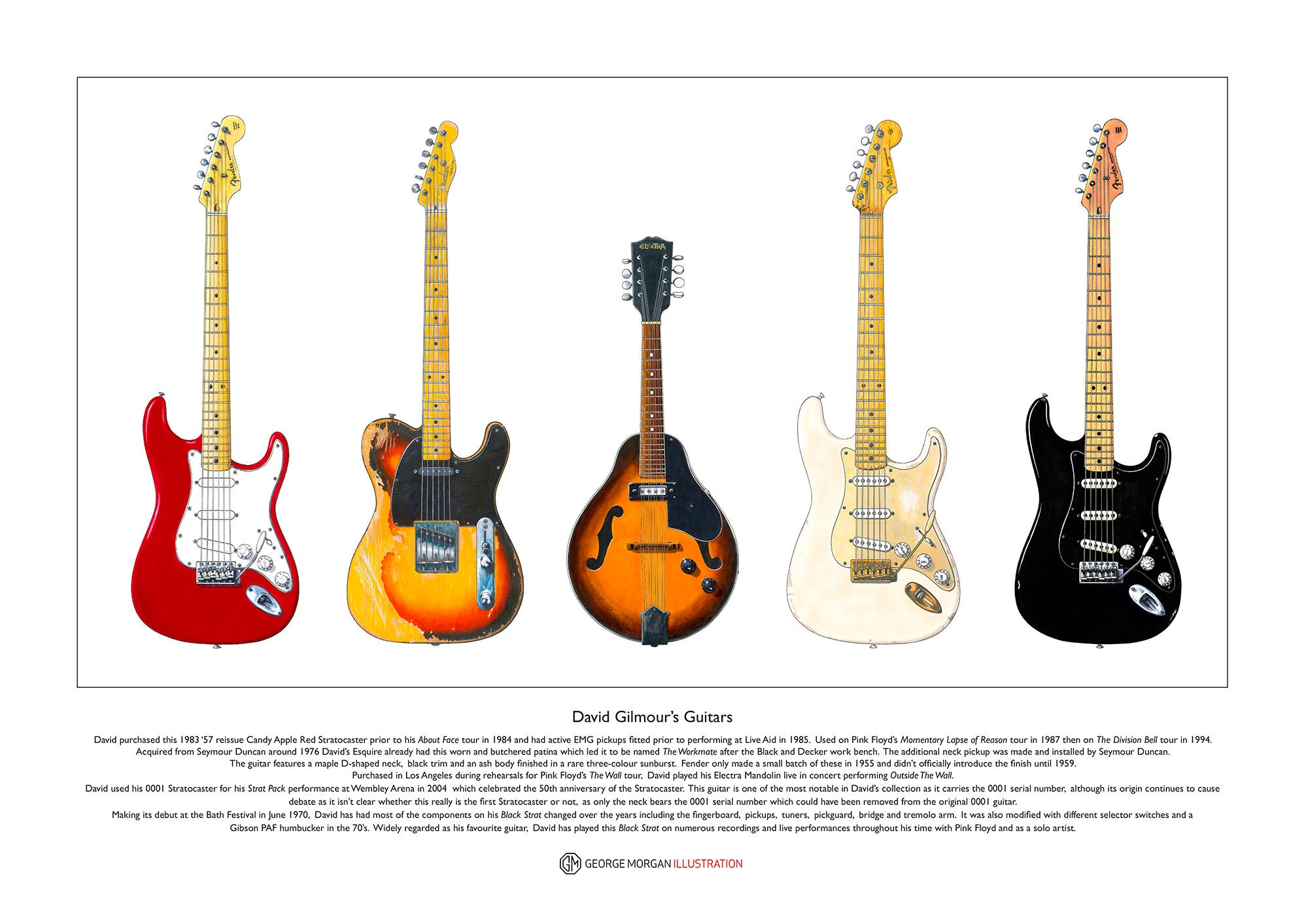 David Gilmour s Famous Guitars Limited Edition Fine Art Print A3 size