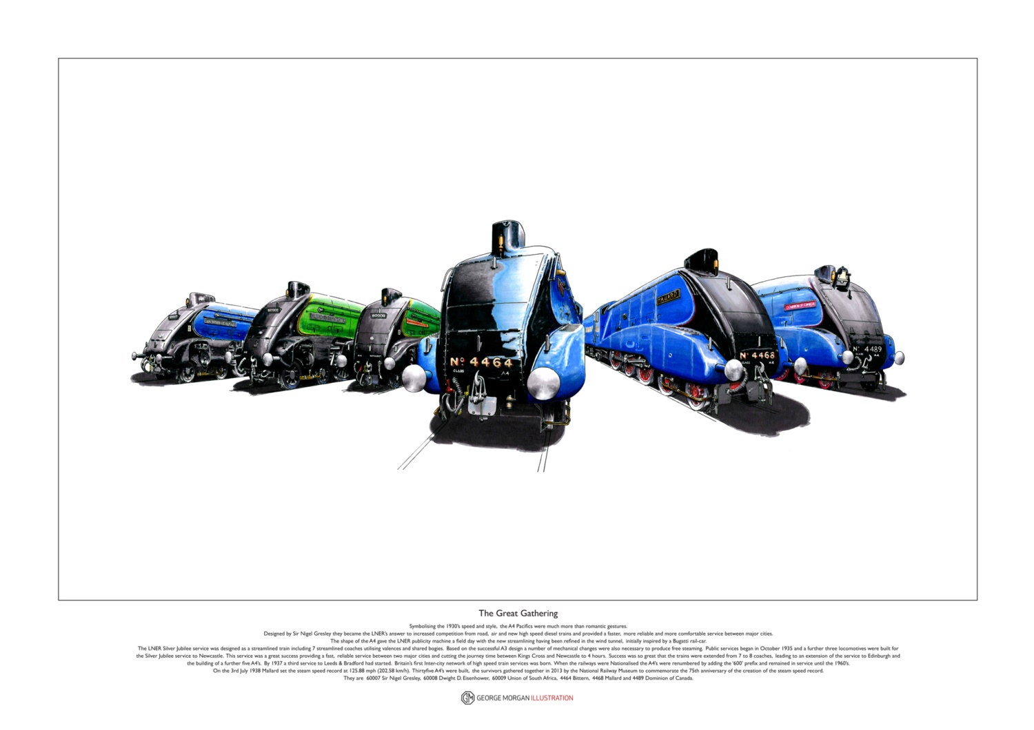 Six LNER A4 Pacific Steam Locomotives ART POSTER A2 size