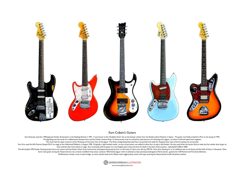 Kurt Cobain's Guitars ART POSTER A3 size image 1