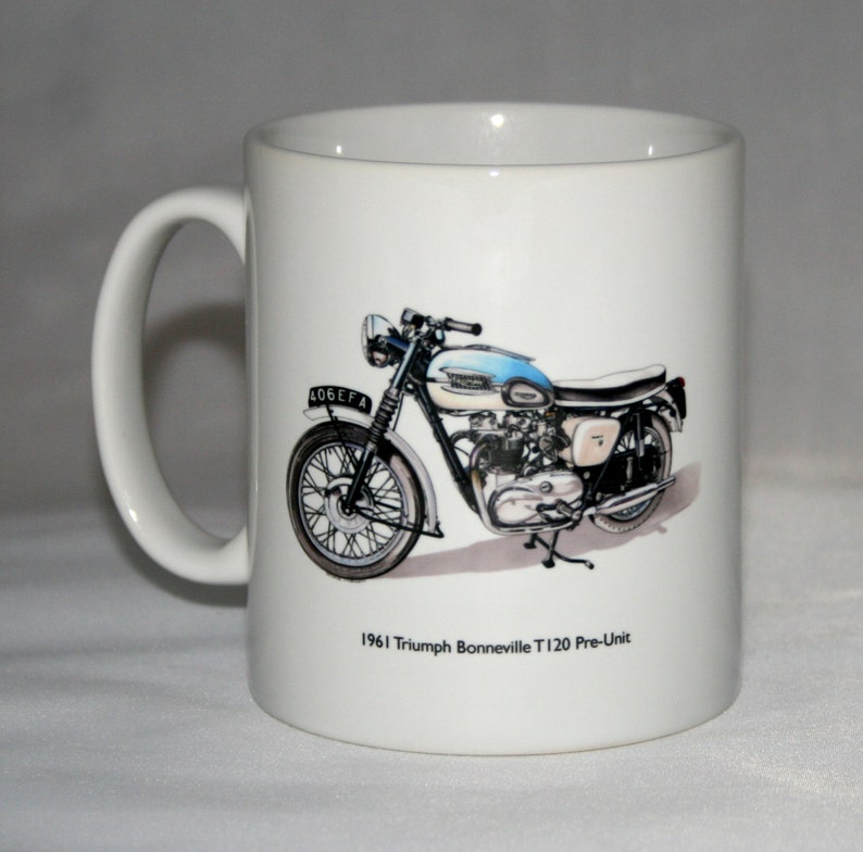 Motorbike Mug. 1961 Triumph Bonneville T120 & Triumph tank badge illustrations. image 1
