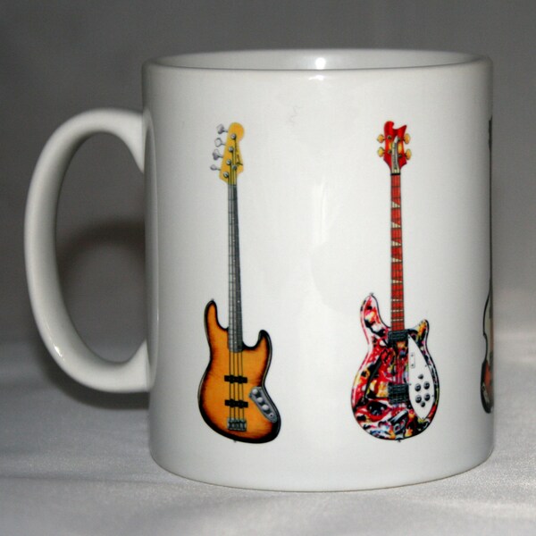 Bass Guitar Mug. 5 Famous bass guitars on a mug.