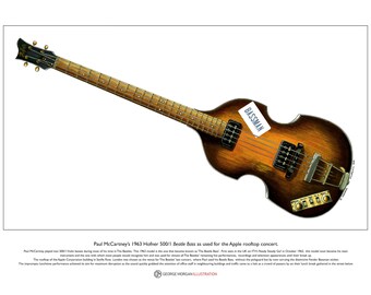 Taille de Paul McCartney de 63 Beatle Bass & Bassman autocollant signé Limited Edition Fine Art impression A3