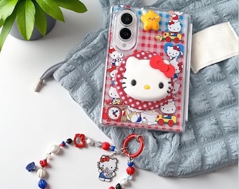 Funda magnética coreana a cuadros de Hello Kitty para Samsung Galaxy Z Fold 8 Fold 7 Fold 6 Fold 5 Fold 4 con soporte MagSafe y cadena.