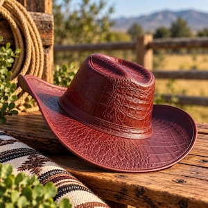 Puede incluir: Un sombrero de vaquero de color marrón rojizo intenso con una superficie texturizada que imita la apariencia de la piel de cocodrilo. El sombrero tiene una copa estructurada con un pliegue central y un ala ancha y curva con relieve.