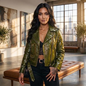Puede incluir: Una chaqueta de moto de color verde oliva brillante con un patrón de piel de cocodrilo texturizado, cuello con muescas, mangas largas y una cintura con cinturón y hebilla de metal. La chaqueta se lleva sobre un top de encaje negro y pantalones negros.